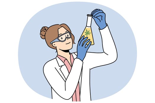 Woman laboratory assistant with cannabis oil in test tube explores healing properties marijuana. Girl scientist working on creation of medicines from cannabis, holding flask with green narcotic oil