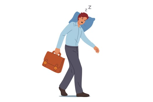 Tired business man sleeps on move, putting head on pillow and closing eyes due to extreme exhaustion. Tired manager needs rest to prevent burnout and exhaustion after difficult day at work.