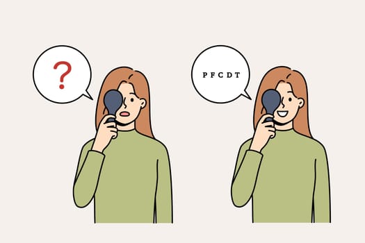 Woman does eye test by closing one eye and reading letters, compares result before and after using lenses. Girl improved vision thanks to visit to ophthalmologist or surgery on pupils
