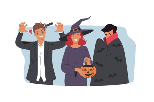 People in halloween costumes make menacing looks to scare friends celebrating october 31st. Participants of masquerade in honor of halloween in form of witch and zombie or count dracula