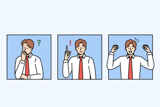 Business man thinks about question and rejoices after finding solution or having good idea. Successful guy in office employee thinks about professional problem and then waves hands positively
