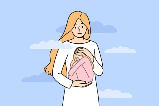 Mental pain and suffering in upset woman, feeling crying girl inside own soul. Lady standing among clouds experiences depression and mental pain, needs psychotherapy to restore motivation for life