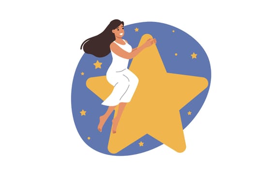 Happy woman sitting on big star flying in night sky or space during fantasy dream. Space adventures of positive young girl in sleepwear enjoying dreaming and traveling through universe