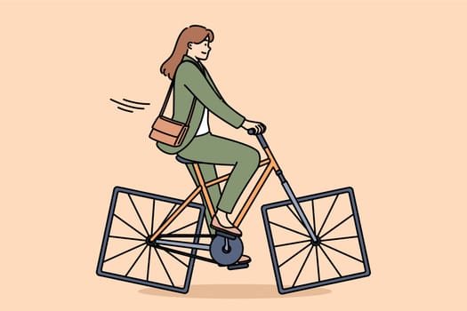 Stupid business woman has problems with productivity and efficiency, rides bicycle with square wheels. Stupid businesswoman needs advice or advanced training to avoid professional mistakes
