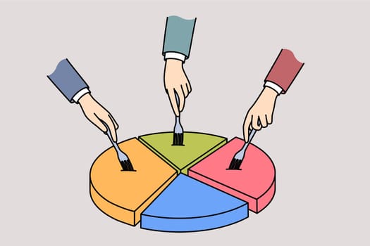 Market segmentation and distribution of parts of diagram between businessmen dividing pie in form of statistical infographic. Business people are engaged in market segmentation for cartel agreement