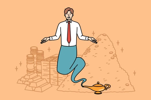 Business aladdin appears from magic lamp and creates wealth and capital through magic. Oriental aladdin in formal suit floats in air near pile of gold and money symbolizing success and prosperity