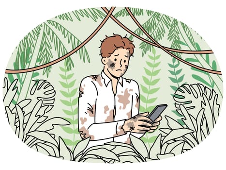 Dirty lost man office employee holding mobile phone and standing in jungle trying to send sos signal. Lost businessman suffers due to lack of GPS network in forest and feels helpless in wild