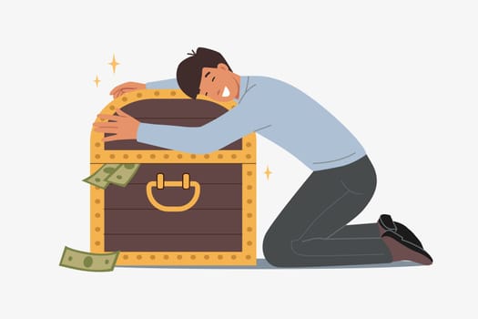 Man investor hugs chest of money, rejoicing at accumulation of large capital through trading. Successful investor guy got rich by trading shares on stock exchange and became millionaire