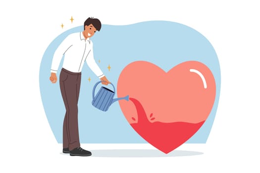 Business man accumulates motivation and ambition by filling heart with blood from watering can. Positive manager strives to achieve success in life and achieve career growth thanks to efforts puts in