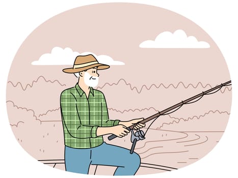 Elderly fisherman fishes, standing on boat or on dock near lake and feels full of energy after retirement. Old man fisherman with fishing rod in hands enjoying favorite hobby and good summer weather