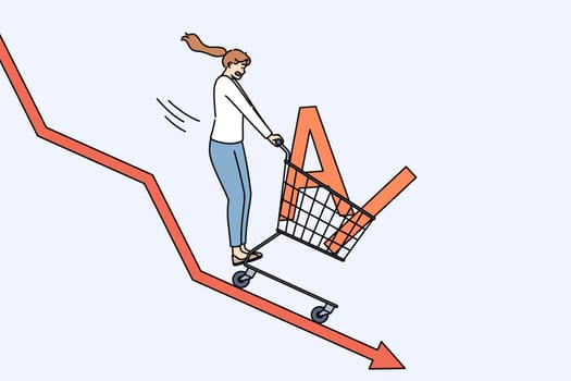 Drop in demand for AI caused by crisis is demonstrated by woman going down chart, holding supermarket cart. Technological crisis and problems of artificial intelligence negatively affect use of AI