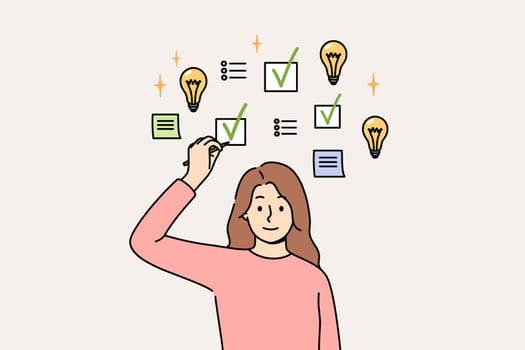Woman making task management to achieve productivity, and makes mark in checkbox above head. Young girl uses task management to track progress and avoid missing deadlines or forgetting information.