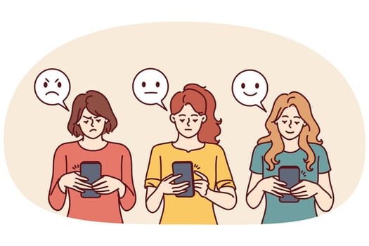 Women with phones near emoji with different facial expressions for internet feedback concept. Girls with smartphones leave positive or negative feedback in mobile application or company website