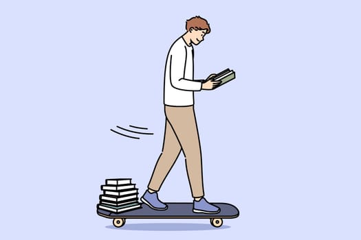 Guy student reads book and rides skateboard, preparing for exam on way home from college. Happy male student enthusiastically studies literature to gain new knowledge and enter good university