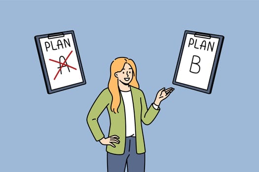 Business woman suggests alternative plan, pointing with hand at clipboard with inscription plan b to achieve corporate goals. Concept of using alternative strategy for marketing company