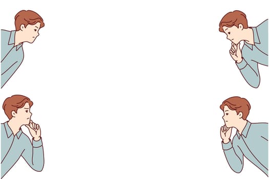 Pensive business man scratches chin and makes difficult decision, peeks out from different corners of empty banner. Copy space near office employee or businessman who needs hint to decision situation