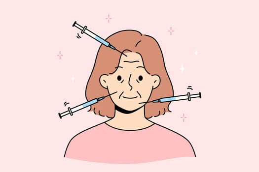 Injection against wrinkles on woman face is done using syringe at appointment with cosmetologist. Woman dreams of becoming younger and fights wrinkles with help of chemical liquid pumped under skin.