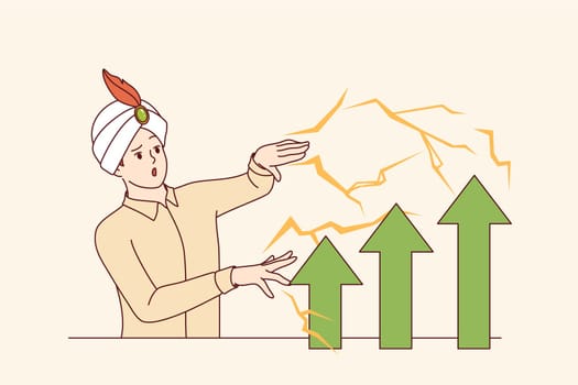 Man in wizard hat demonstrates business magic, increasing financial performance using fraudulent methods. Male sorcerer uses magic or tricks to improve economic performance of company