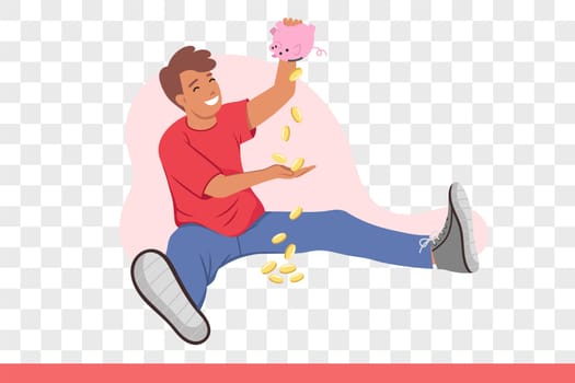 Happy man shakes out money and piggy banks and rejoices at presence savings that create financial security. Boy laughs after receiving piggy bank with coins that allow to make long-awaited purchase.