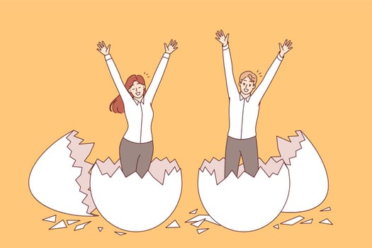 Emergence new generation of business people hatched from chicken eggs, for concept of educating professionals. Happy men and women jump out of shells as metaphor for generation of entrepreneurs