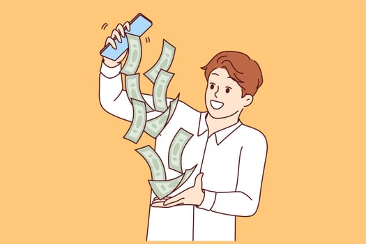Business man earns money through mobile phone, and receives cash bills pouring out of smartphone screen. Guy makes money from e-commerce and completing simple tasks in internet application