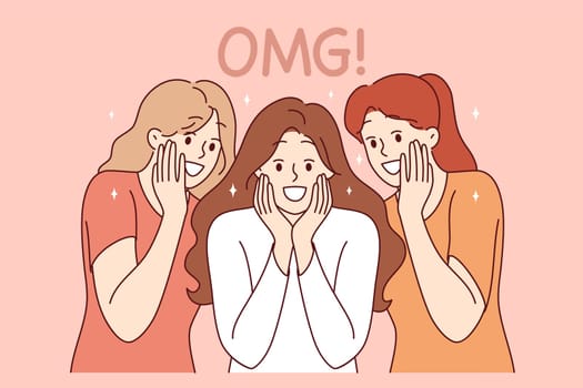 Enthusiastic girls shout OMG, seeing amazing commercial offer and big discounts on shopping. Word OMG near smiling women experiencing amazement and delight due to good coincidence of circumstances