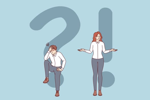 Woman found answer to question tormenting man, after much thought and reading FAQ. Concept of using instructions to find answer and solve problems, that cause stress and confusion.