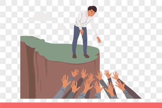 Business man saves colleagues in need of support during crisis, stands on rock near hands raised up. Guy leader takes care of subordinates who are in trouble and shows support to people