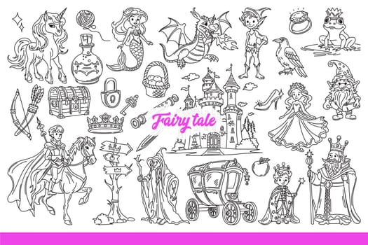 Fairy tale characters and castles from legends for children books and fantasy stories. Fairy tale background with mermaid and dragon or royal family and unicorn from myths for kids. Hand drawn.