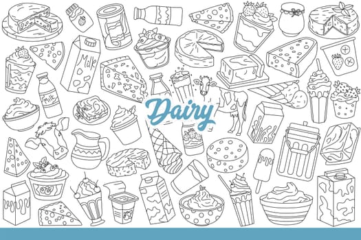 Dairy products made from fresh organic milk obtained by farmers raising cows. Dairy elements with packages of dairy products or cheese and ice cream for delicious dessert. Hand drawn.