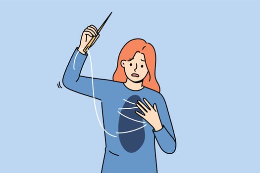 Unhappy woman sews up friend in chest, using thread and needle to get rid of mental pain. Mental pain torments young girl who needs help from psychologist and love from loved ones.
