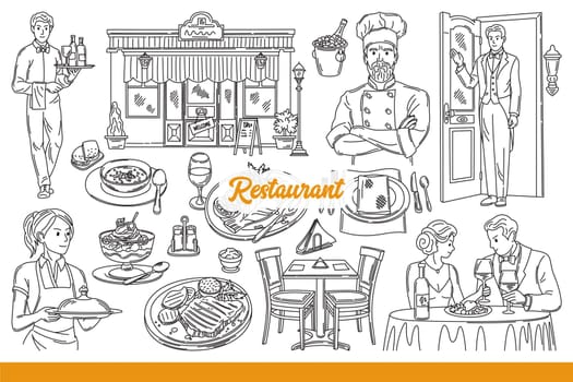 Restaurant inscription near cooks and waiters or cafe visitors, for public catering industry. Facade of restaurant building and delicious dishes or desserts prepared by chef. Hand drawn.