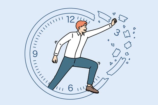 Business man is engaged in time management, breaking clock to increase productivity and complete task efficiently. Concept of importance of time management for accelerating career growth