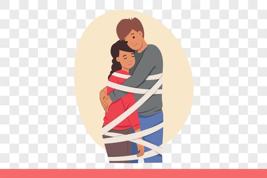 Problem of toxic relationships at man and woman tied with ropes who have become victims of marriage. Mutual dependence between bride and groom experiencing discomfort due to toxic relationship