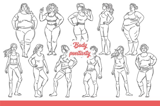 Culture of body positivity and pride in having individuality or lack of embarrassment. Slim and overweight people advocate body positivity, calling for fight against bullying. Hand drawn.
