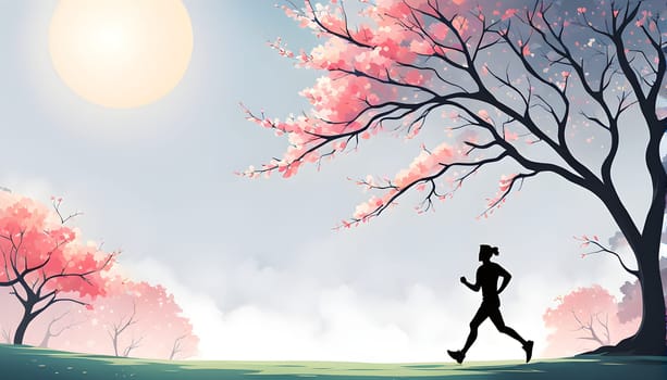Abstract minimalist spring scene with a single, sharp silhouette of a running athlete and of a blooming tree on a vast light grey canvas, with subtle color gradients hinting at spring freshness