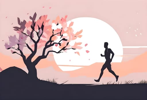 Abstract minimalist spring scene with a single, sharp silhouette of a running athlete and of a blooming tree on a vast light grey canvas, with subtle color gradients hinting at spring freshness