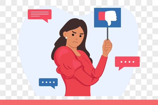 Woman hater shows dislike on sign and expresses critical opinion and negative feedback about product. Problem of consumer terrorism is demonstrated by hater girl leaving bad review