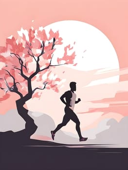 Abstract minimalist spring scene with a single, sharp silhouette of a running athlete and of a blooming tree on a vast light grey canvas, with subtle color gradients hinting at spring freshness