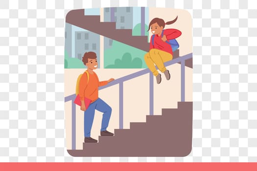 Happy children play on school stairs and ride on railings, enjoying carefree childhood and opportunity to break rules. Children play pranks during break between lessons, waiting for parents to arrive