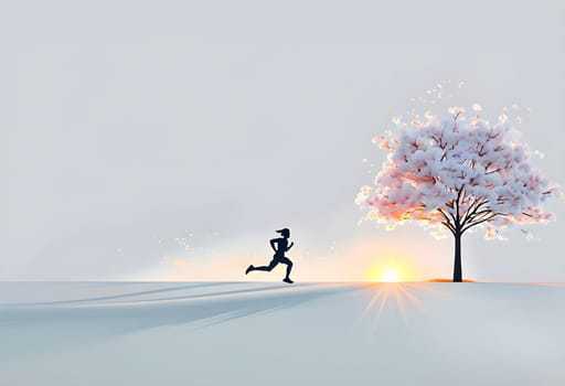 Abstract minimalist spring scene with a single, sharp silhouette of a running athlete and of a blooming tree on a vast light grey canvas, with subtle color gradients hinting at spring freshness