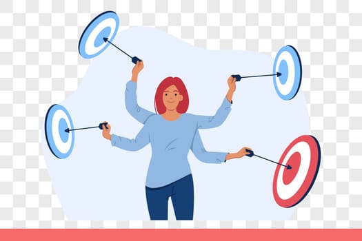 Business woman works in multitasking mode, and uses several hands to hit all targets at same time. Successful girl stands among targets demonstrating multitasking skills and ambition for success