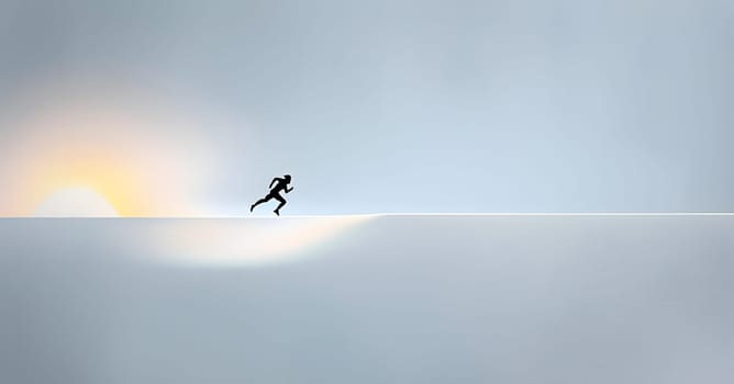 Abstract minimalist spring scene with a single, sharp silhouette of a running athlete and of a blooming tree on a vast light grey canvas, with subtle color gradients hinting at spring freshness