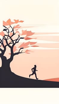 Abstract minimalist spring scene with a single, sharp silhouette of a running athlete and of a blooming tree on a vast light grey canvas, with subtle color gradients hinting at spring freshness