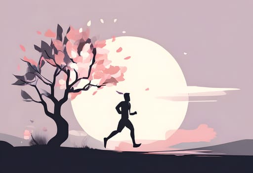 Abstract minimalist spring scene with a single, sharp silhouette of a running athlete and of a blooming tree on a vast light grey canvas, with subtle color gradients hinting at spring freshness