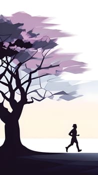 Abstract minimalist spring scene with a single, sharp silhouette of a running athlete and of a blooming tree on a vast light grey canvas, with subtle color gradients hinting at spring freshness