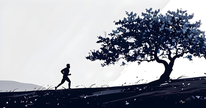 Abstract minimalist spring scene with a single, sharp silhouette of a running athlete and of a blooming tree on a vast light grey canvas, with subtle color gradients hinting at spring freshness