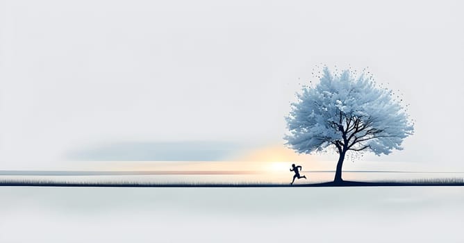 Abstract minimalist spring scene with a single, sharp silhouette of a running athlete and of a blooming tree on a vast light grey canvas, with subtle color gradients hinting at spring freshness