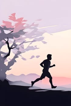 Abstract minimalist spring scene with a single, sharp silhouette of a running athlete and of a blooming tree on a vast light grey canvas, with subtle color gradients hinting at spring freshness
