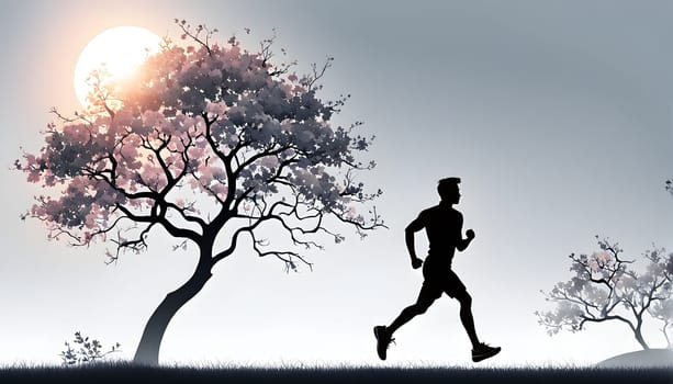 Abstract minimalist spring scene with a single, sharp silhouette of a running athlete and of a blooming tree on a vast light grey canvas, with subtle color gradients hinting at spring freshness